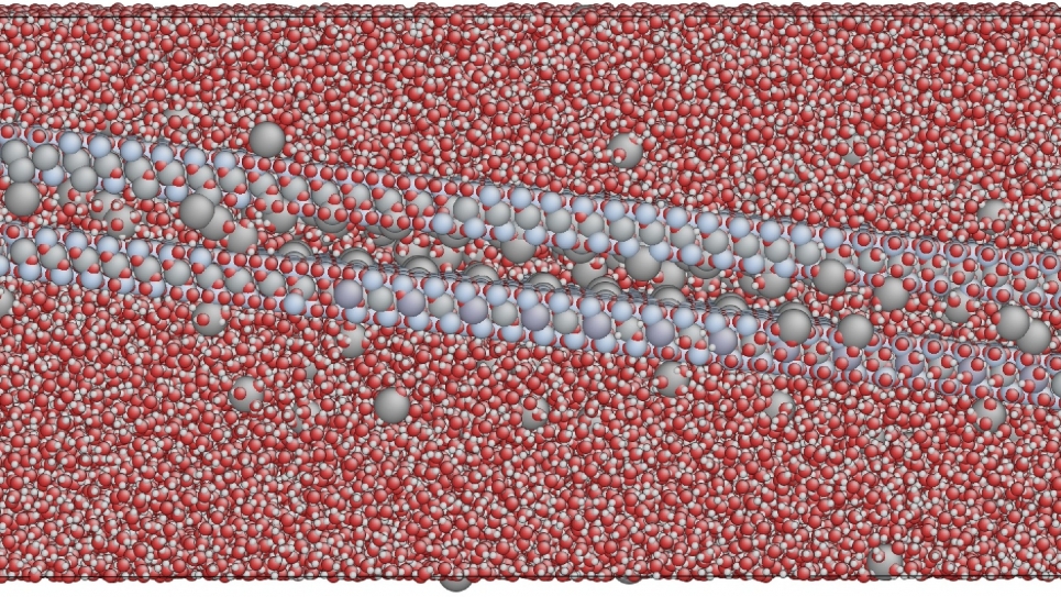 Snapshot from a molecular dynamics simulation of an isolated clay platelet (consisting of two sheets) immersed in water.