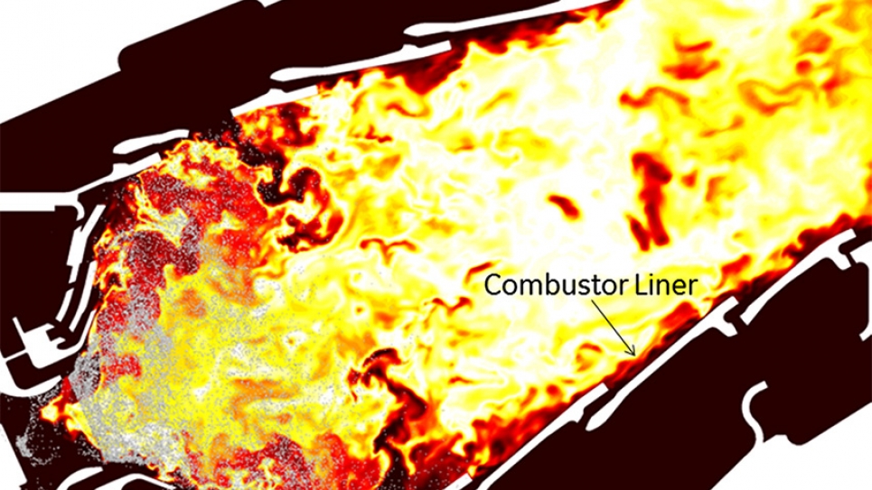 Large Eddy Simulations of a GE CFM combustor, temperature distribution and liquid fuel droplets.
