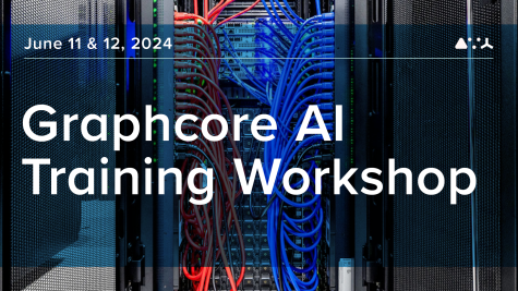 Graphcore AI Training Workshop Graphic featuring Title and Dates and picture of system. 