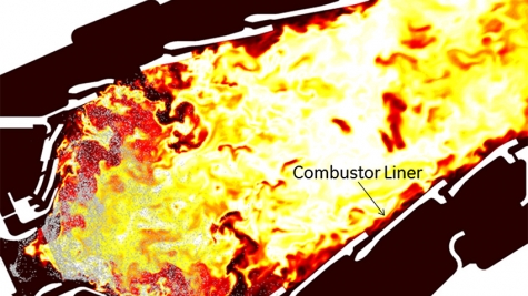Large Eddy Simulations of a GE CFM combustor, temperature distribution and liquid fuel droplets.