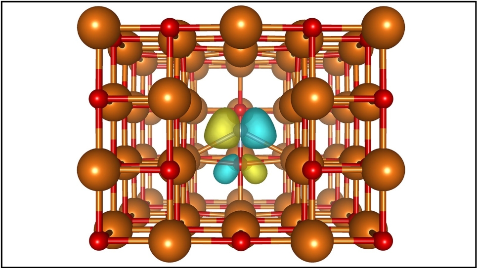 Magnesium atoms (orange) and oxygen atoms (red) surround the nitrogen-vacancy center in magnesium oxide, shown by a transparent representation of a nitrogen atom under the missing magnesium atom. The yellow and blue spots show how electrons localize around the vacancy.