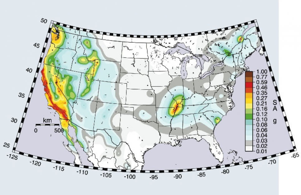 U.S. Geological Survey seismic hazard map shows the maximum level of shaking expected to occur once in about 500 years seismic hazard map