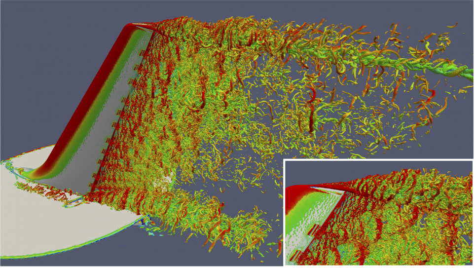 Isosurface of instantaneous Q criterion colored by speed over a vertical tail