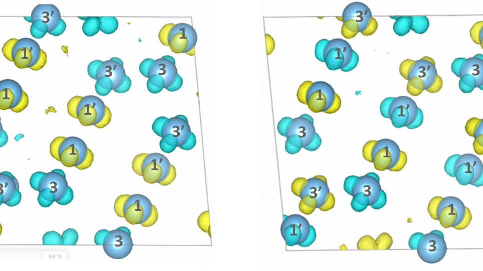 DMC spin densities for antiferromagnetic states AF1 (left) and AF3 (right)