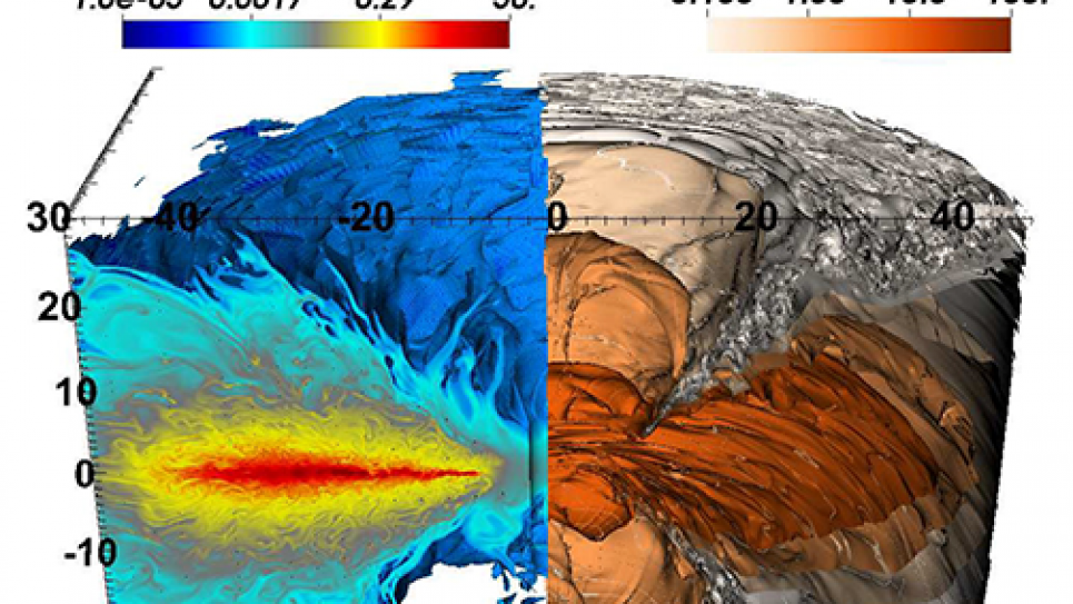 Snapshot of the global structure of a radiation-dominated accretion flow around a black hole computed using the Athena++ code