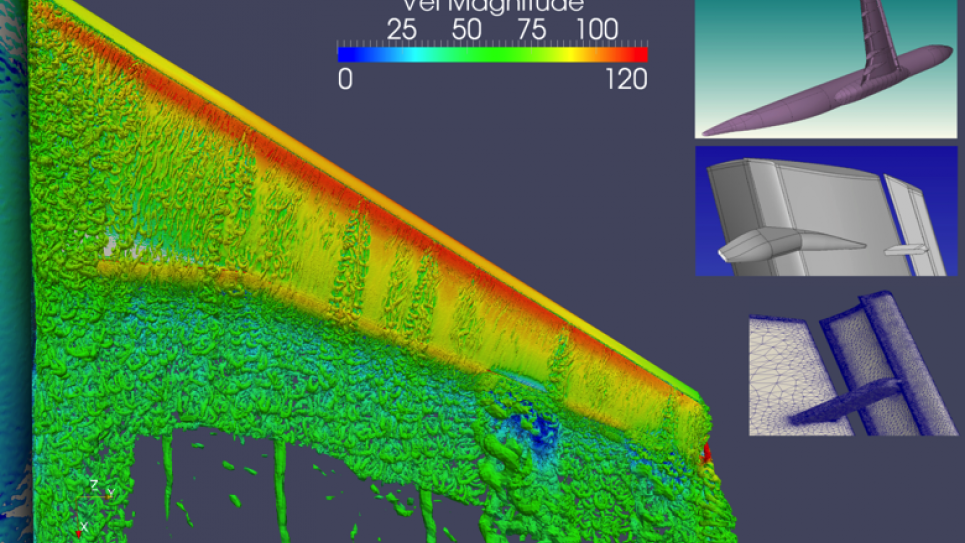 Vorticity contours colored by speed from a detached eddy simulation of flow around a high lift multi-element wing at maximum lift