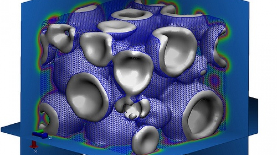 A 3-D periodic mesoscale simulation of many small bubbles that exist during the early stages of foam formation.