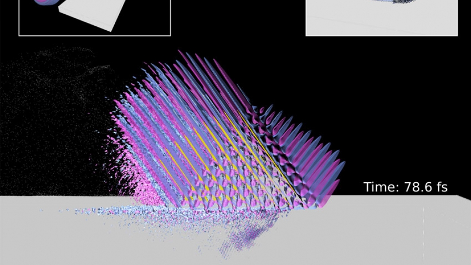 Interaction between an ultra-high intensity (>100TW) laser (dark blue-grey/magenta) and a “plasma mirror” (grey