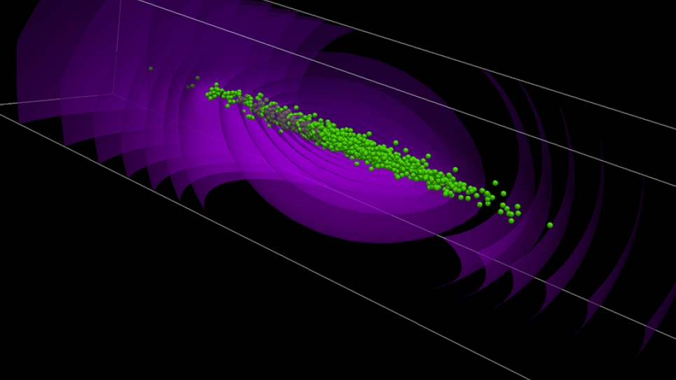 Synergia simulation of a bunched beam including particles (green) and self-fields (purple).