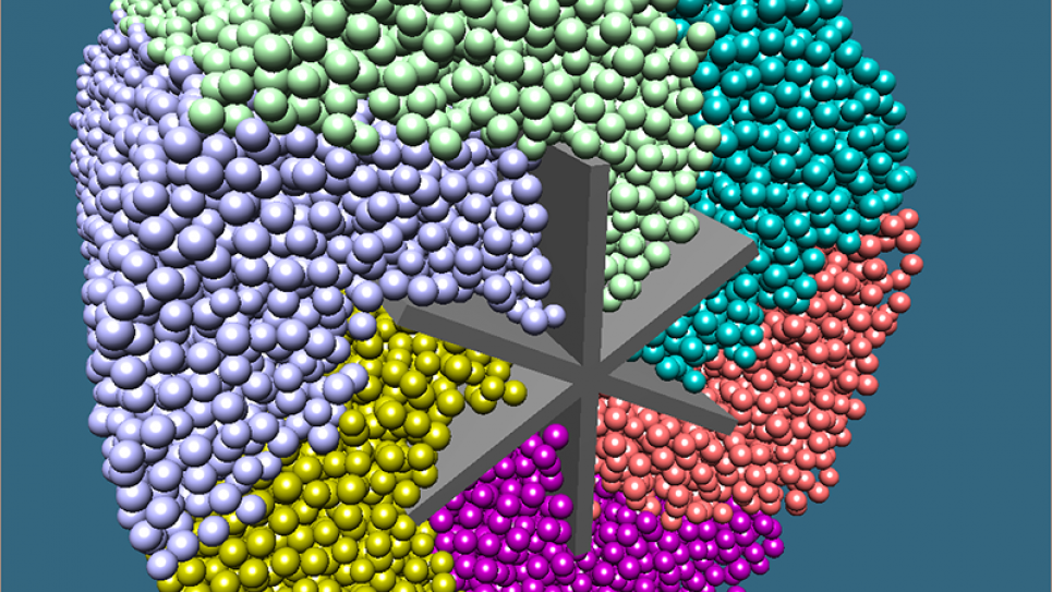 This simulation image for mortar shows suspended particles in a rheometer.