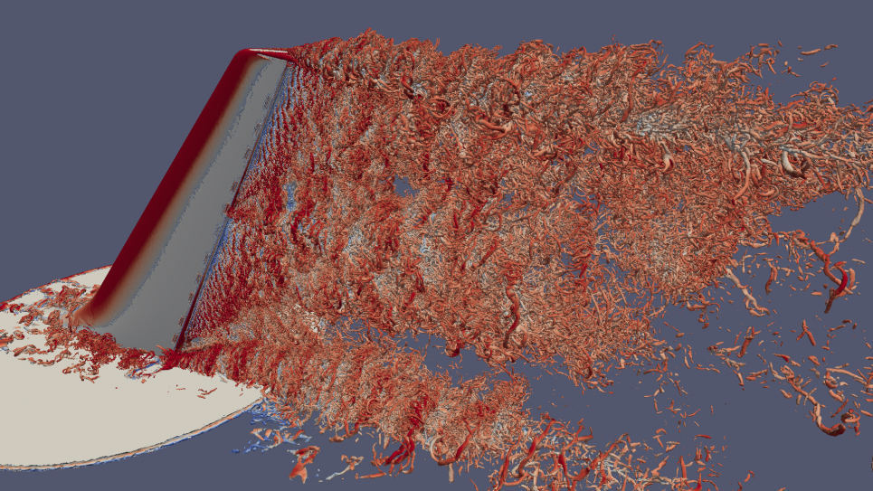 Visualization of instantaneous isosurface of vorticity (Q) from a detached eddy simulation of a vertical tail/rudder assembly with flow control from a single, active synthetic jet.
