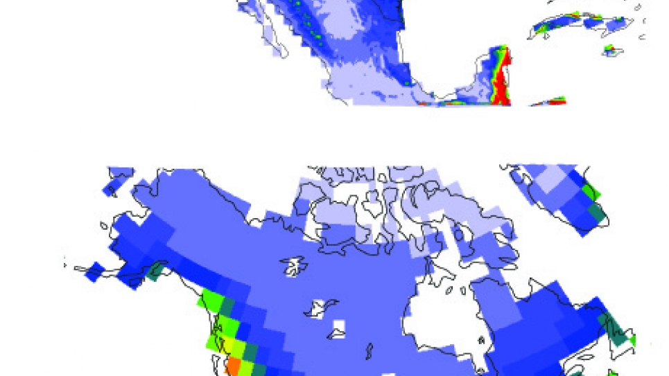 Precipitation rates simulated by RCM and GCM