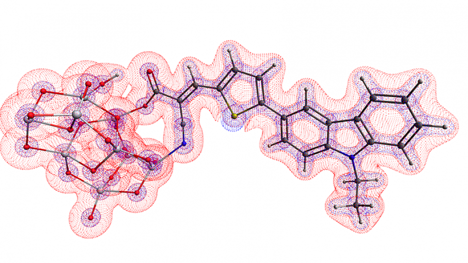 Isosurface of the Lapacian of the electron density of MK44, an organic dye, attached to the surface of a nanocluster of titania.