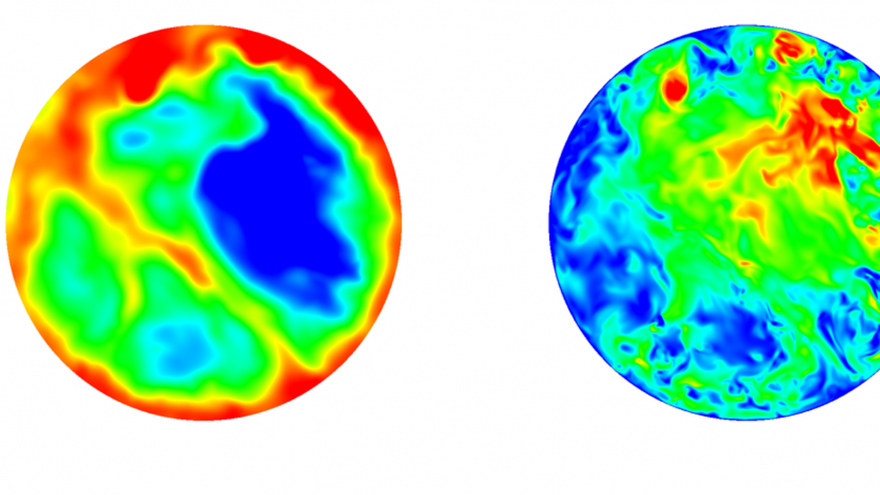 Contours of the temperature (left) and magnitude of velocity (right) for a simulation of RBC for a Rayleigh number of 1x10^7 and a Prandtl number of 0.021