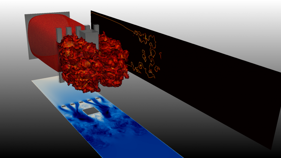 Isosurface of temperature showing the flame wrinkling and acceleration after its interaction with obstacles during the simulation on an explosion